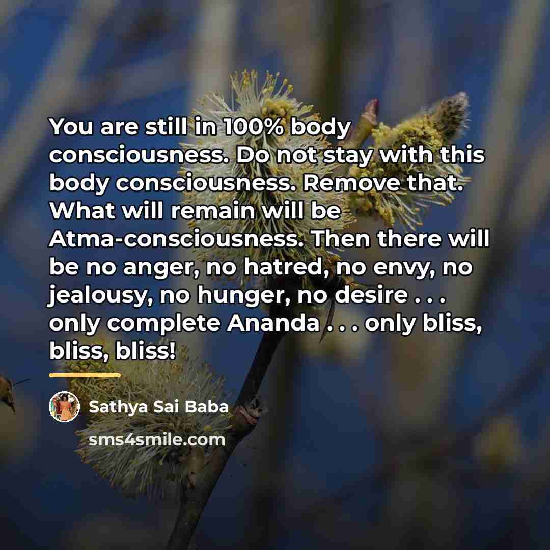 “You are still in 100% body con­sciousness. Do not stay…” quote by Sathya Sai Baba