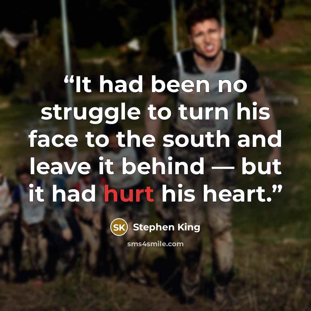 “It had been no struggle to turn his face to the south and leave it behind — but it had hurt his heart.” quote by Stephen King