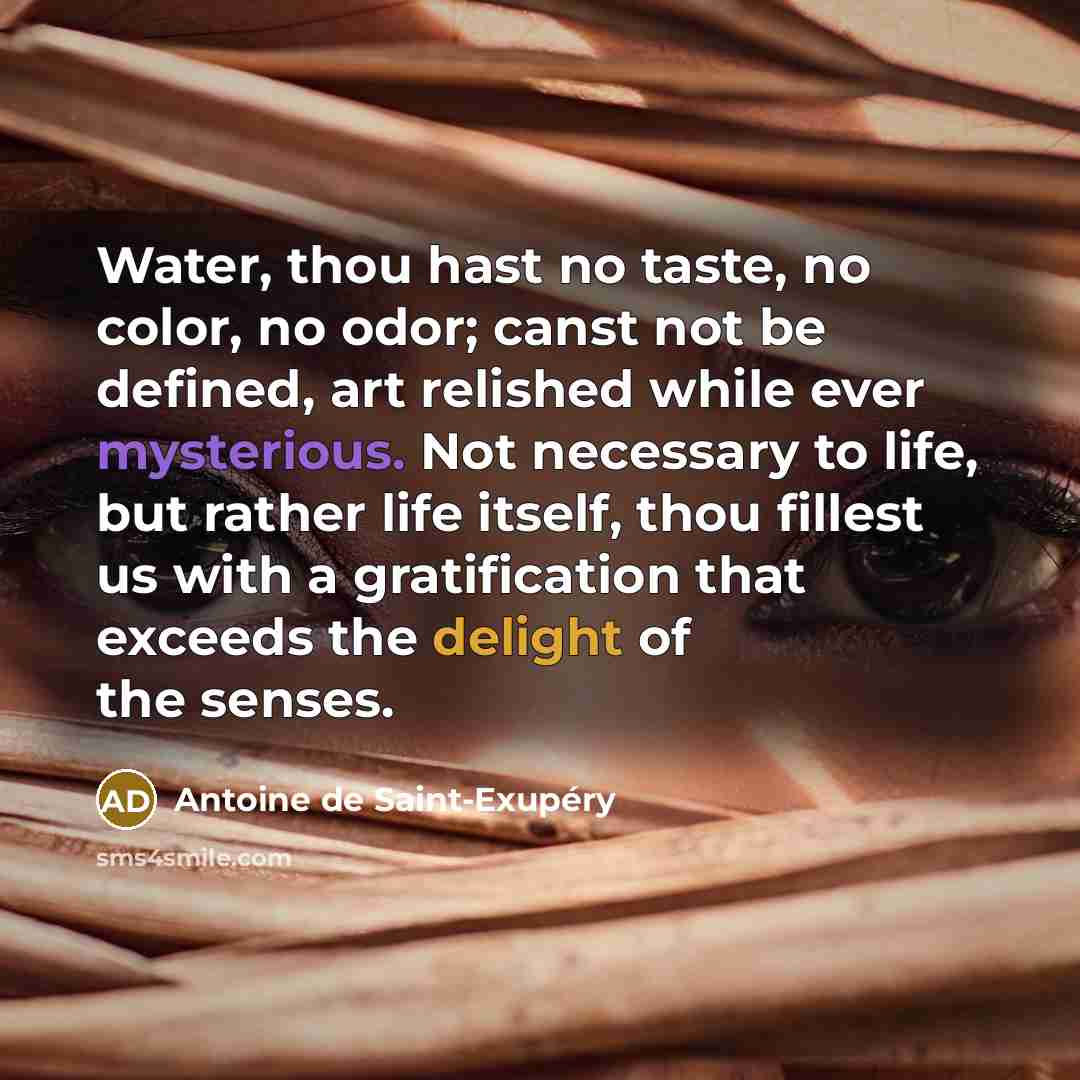 “Water, thou hast no taste, no color, no odor; canst…” quote by Antoine de Saint-Exupery