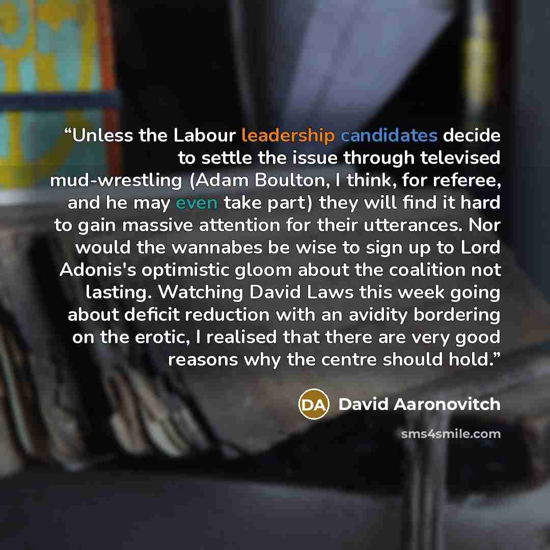 “Unless the Labour leadership candidates decide to settle the issue through televised mud-wrestling (Adam Boulton, I think, for referee, and he may even take part) they will find it hard to gain massive attention for their utterances. Nor would the wannabes be wise to sign up to Lord Adonis's…” quote by David Aaronovitch