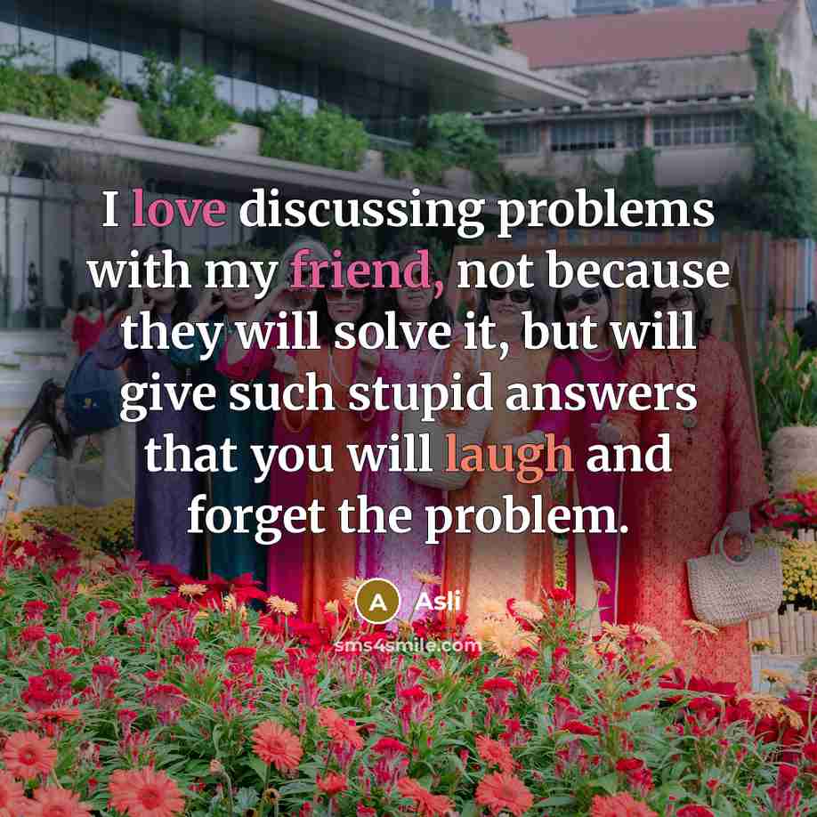 “I love discussing problems with my friend, not because they will solve it, but will give such stupid answers that you will laugh and forget the problem.” quote by Asli