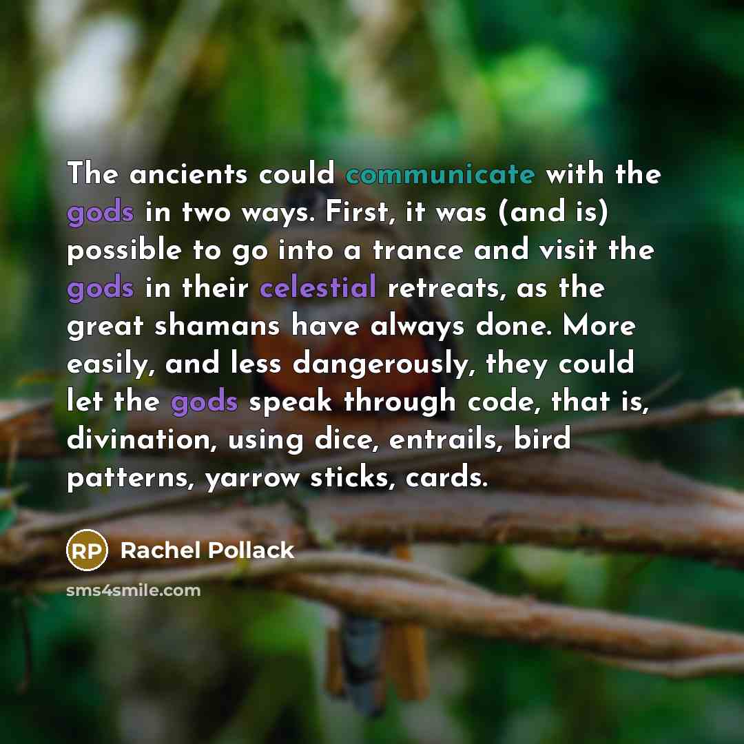 “The ancients could communicate with the gods in two ways. First, it was (and is) possible to go into a trance and visit the gods in their celestial retreats, as the great shamans have always done. More easily, and less dangerously, they could let the gods speak through code, that is, divination…” quote by Rachel Pollack