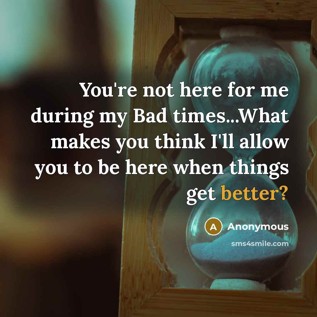 “You're not here for me during my Bad times...What makes you think I'll allow you to be here when things get better?” quote by Anonymous