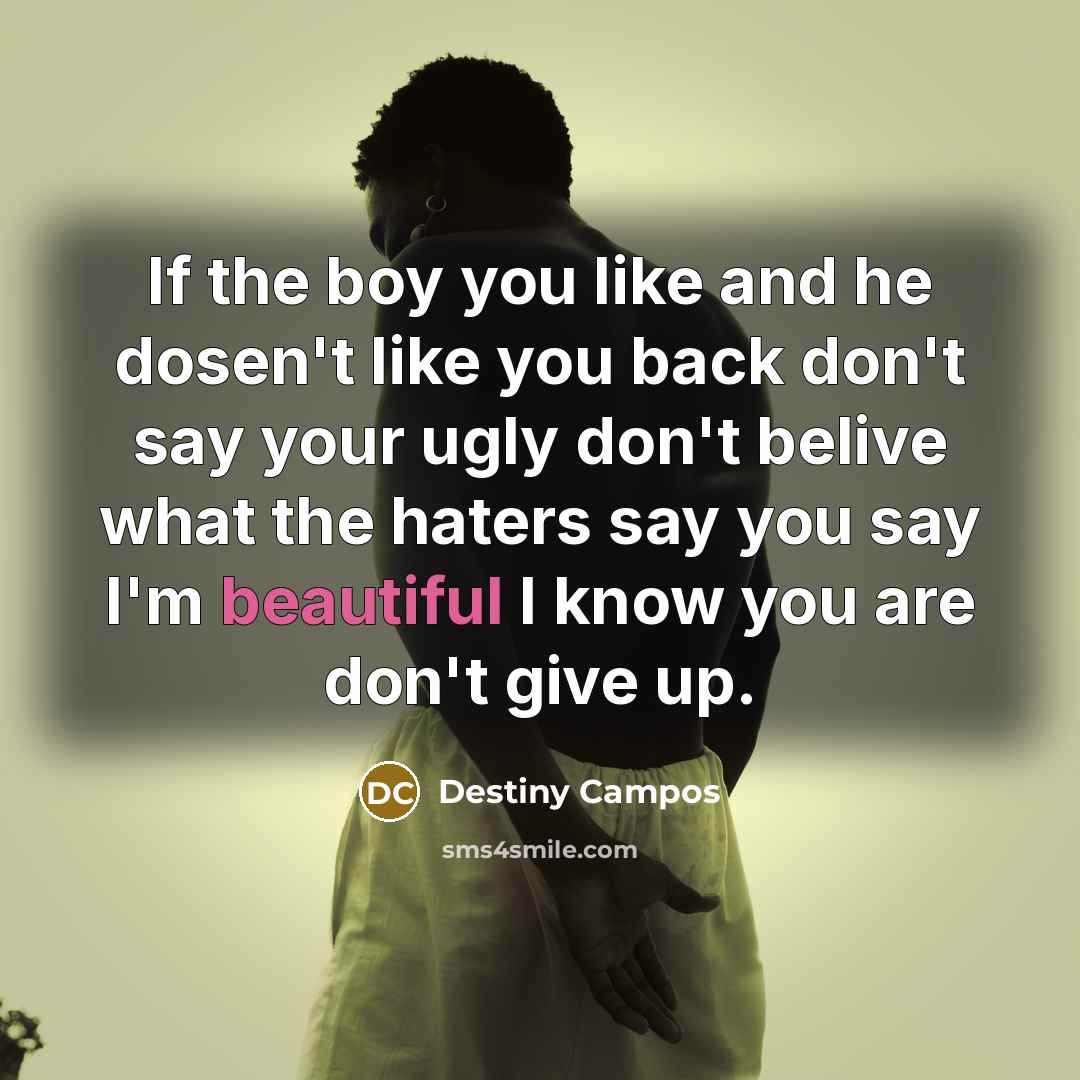 “If the boy you like and he dosen't like you back don't say your ugly don't belive what the haters say you say I'm beautiful I know you are don't give up.” quote by Destiny Campos