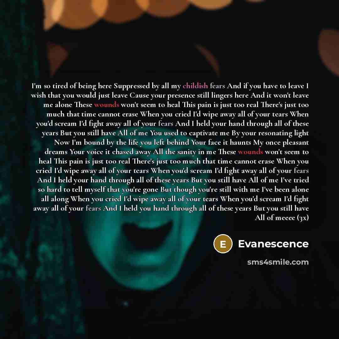 “I'm so tired of being here Suppressed by all my childish fears And if you have to leave I wish that you would just leave Cause your presence still lingers here And it won't leave me alone These wounds won't seem to heal This pain is just too real There's just too much that time cannot erase When…” quote by Evanescence