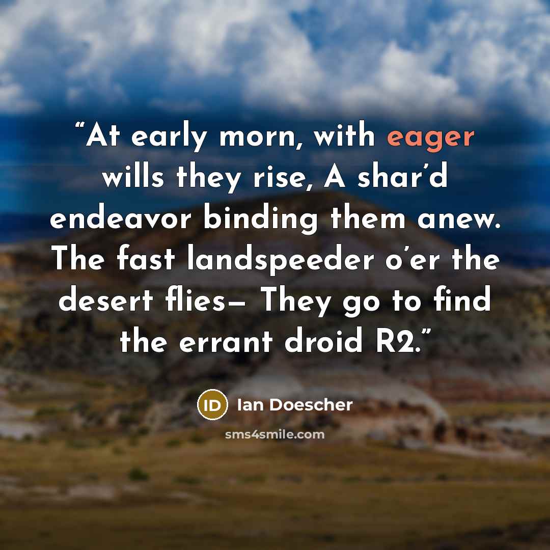 “At early morn, with eager wills they rise, A shar’d endeavor binding them anew. The fast landspeeder o’er the desert flies— They go to find the errant droid R2.” quote by Ian Doescher