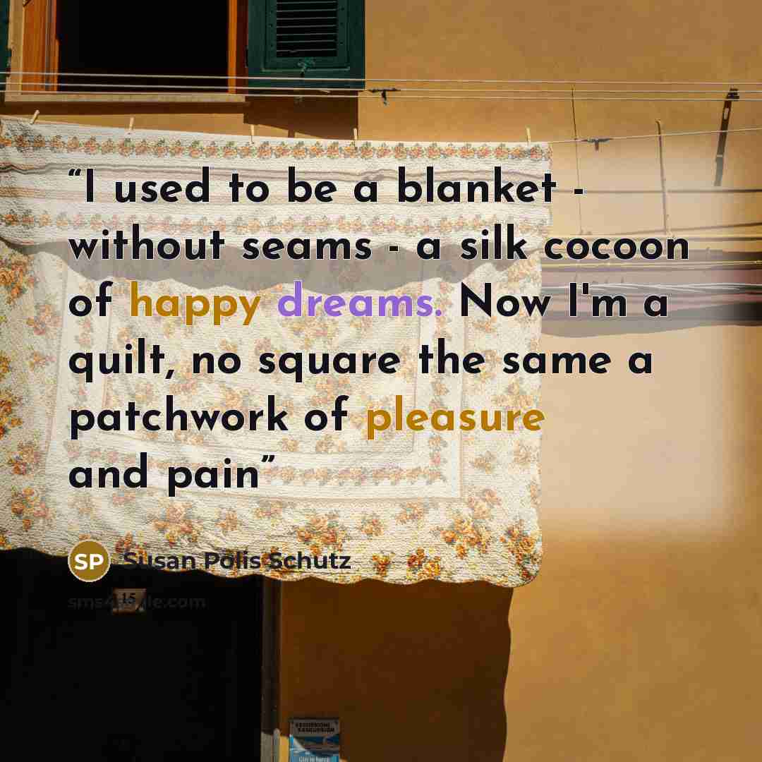 “I used to be a blanket - without seams - a silk cocoon of happy dreams. Now I'm a quilt, no square the same a patchwork of pleasure and pain” quote by Susan Polis Schutz