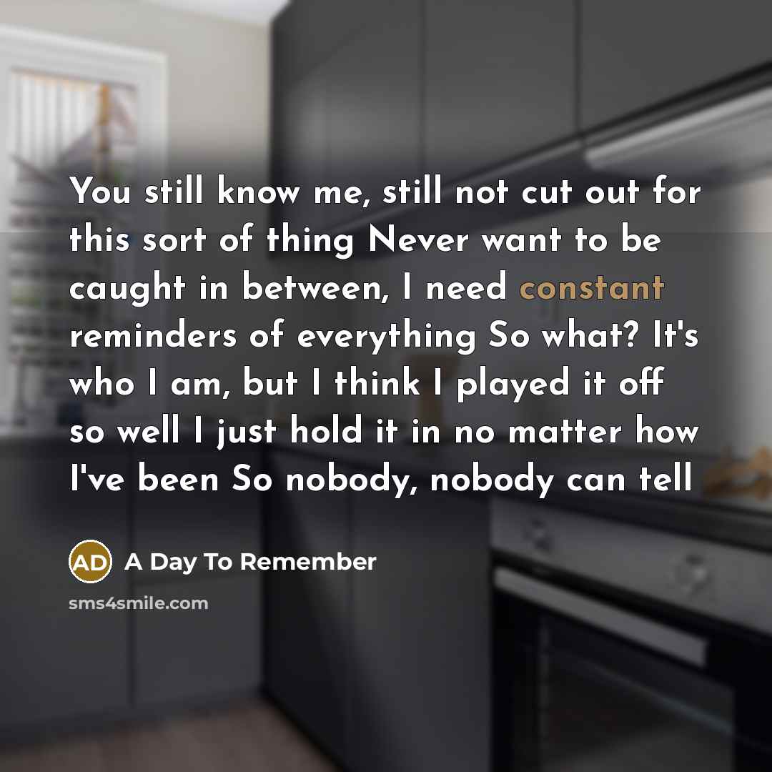 “You still know me, still not cut out for this sort of thing Never want to be caught in between, I need constant reminders of everything So what? It's who I am, but I think I played it off so well I just hold it in no matter how I've been So nobody, nobody can tell” quote by A Day To Remember
