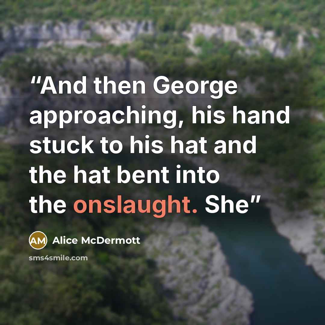 “And then George approaching, his hand stuck to his hat and the hat bent into the onslaught. She” quote by Alice McDermott