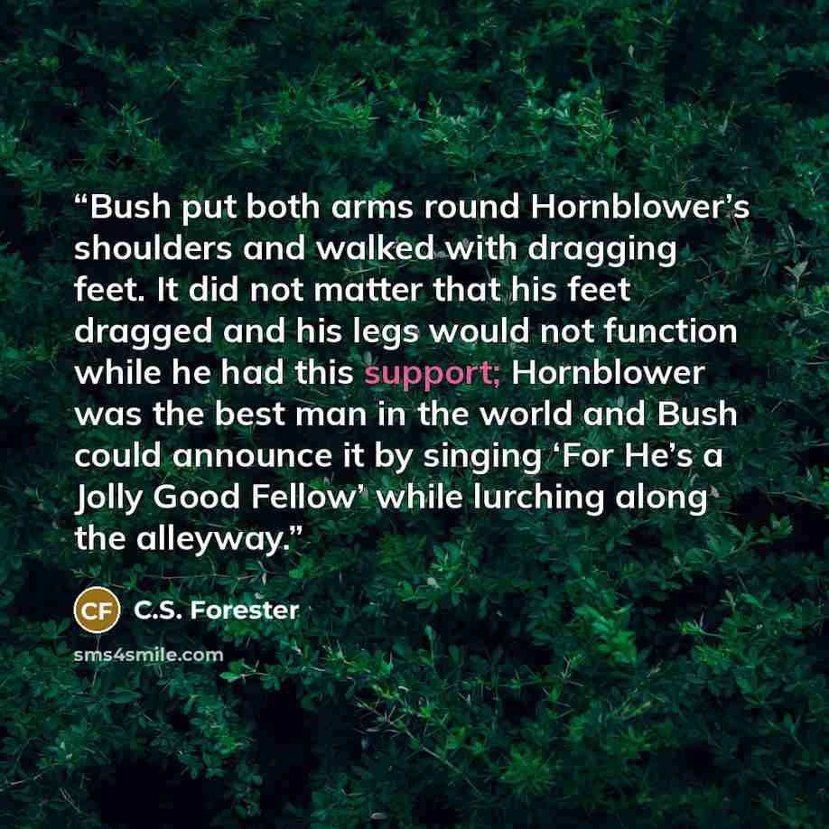 “Bush put both arms round Hornblower’s shoulders and walked with dragging feet. It did not matter that his feet dragged and his legs would not function while he had this support; Hornblower was the best man in the world and Bush could announce it by singing ‘For He’s a Jolly Good Fellow’ while…” quote by C.S. Forester