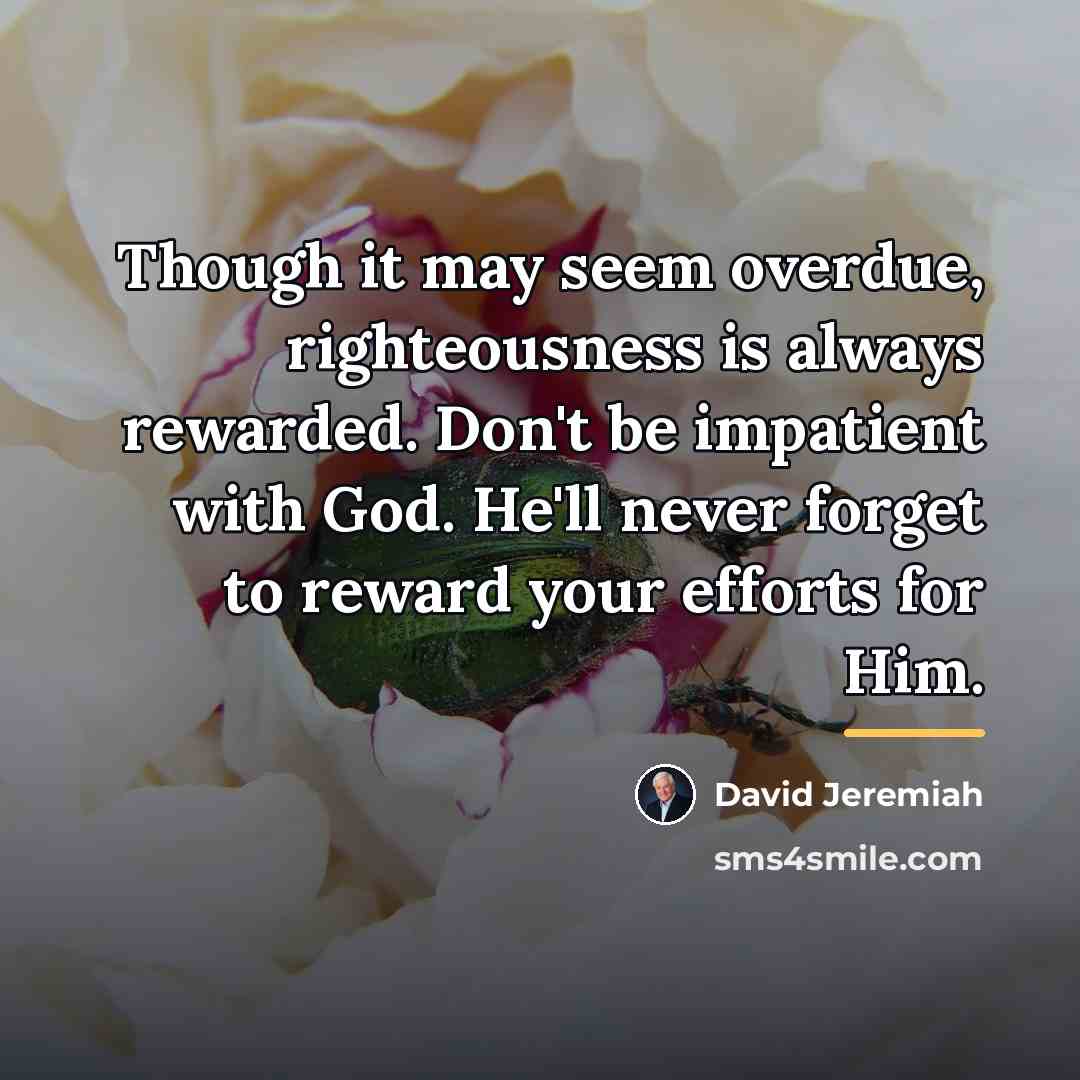 “Though it may seem overdue, righteousness is always rewarded. Don't…” quote by David Jeremiah