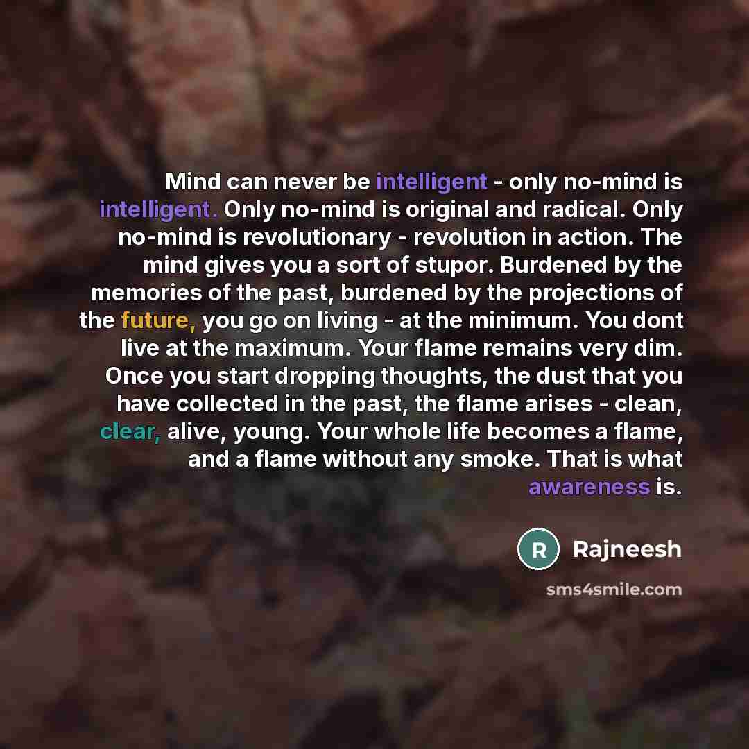 “Mind can never be intelligent - only no-mind is intelligent.…” quote by Rajneesh