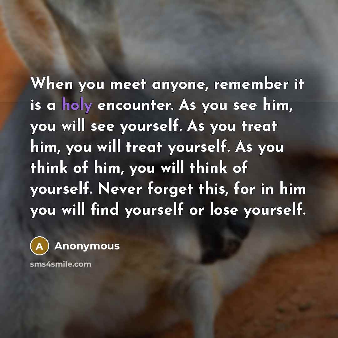 “When you meet anyone, remember it is a holy encounter. As you see him, you will see yourself. As you treat him, you will treat yourself. As you think of him, you will think of yourself. Never forget this, for in him you will find yourself or lose yourself.” quote by Anonymous