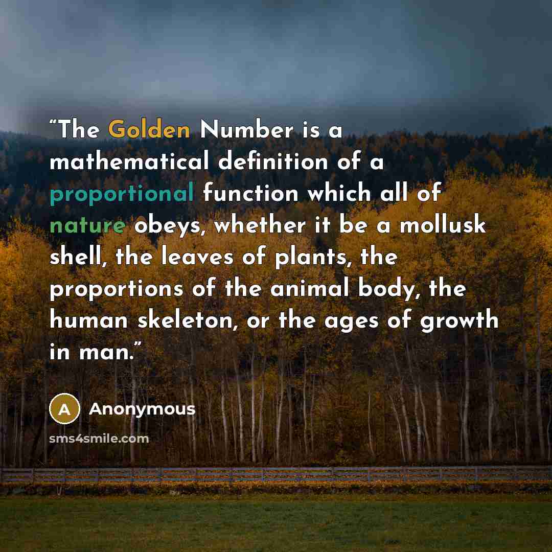 “The Golden Number is a mathematical definition of a proportional function which all of nature obeys, whether it be a mollusk shell, the leaves of plants, the proportions of the animal body, the human skeleton, or the ages of growth in man.” quote by Anonymous