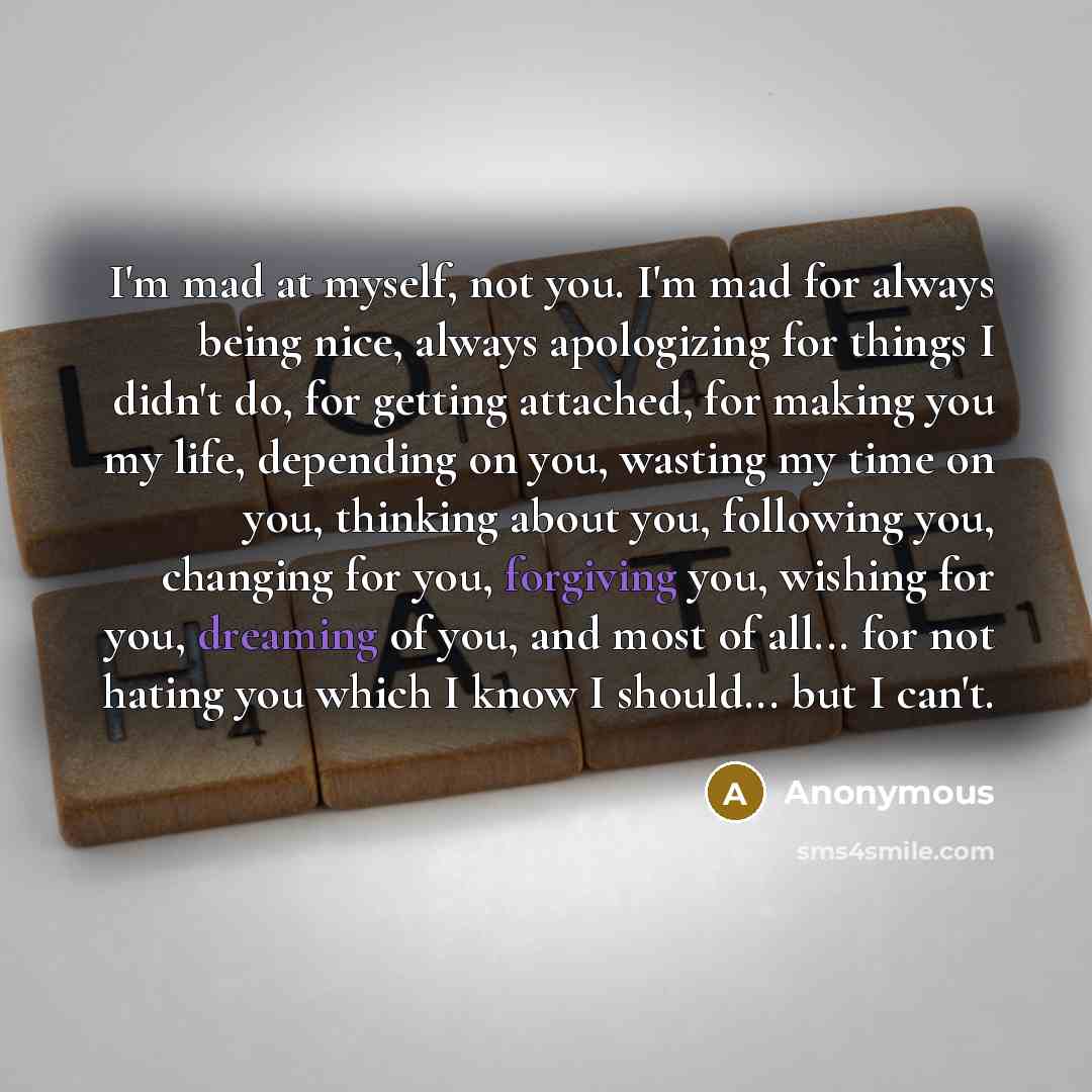 “I'm mad at myself, not you. I'm mad for always being nice, always apologizing for things I didn't do, for getting attached, for making you my life, depending on you, wasting my time on you, thinking about you, following you, changing for you, forgiving you, wishing for you, dreaming of you, and…” quote by Anonymous