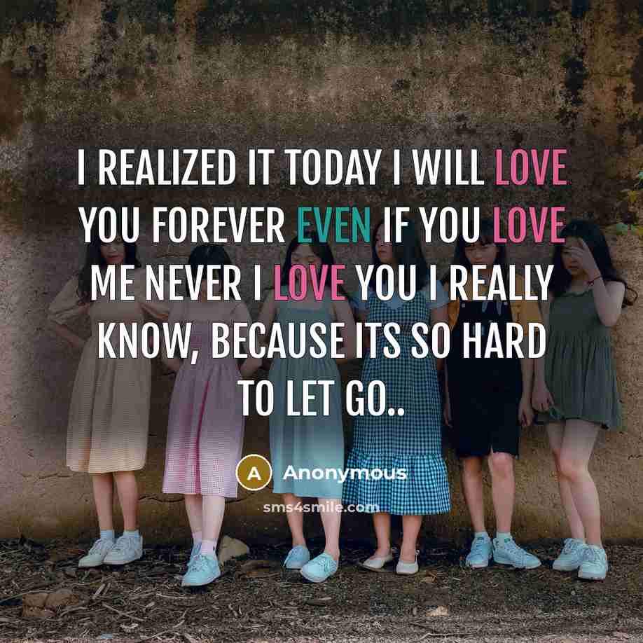 “I realized it today I will love you forever Even if you love me never I love you I really know, Because its so hard to let go..” quote by Anonymous