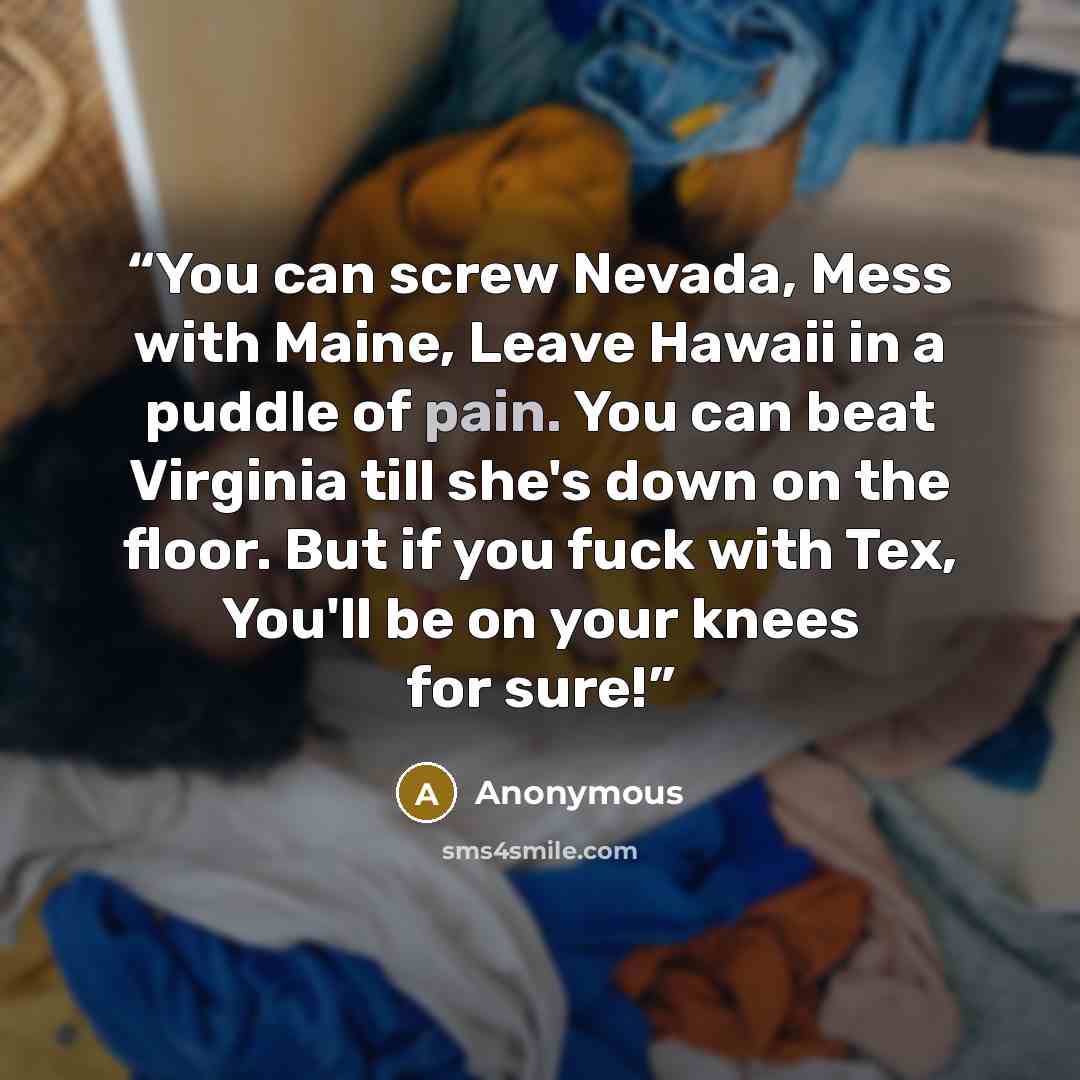 “You can screw Nevada, Mess with Maine, Leave Hawaii in a puddle of pain. You can beat Virginia till she's down on the floor. But if you fuck with Tex, You'll be on your knees for sure!” quote by Anonymous
