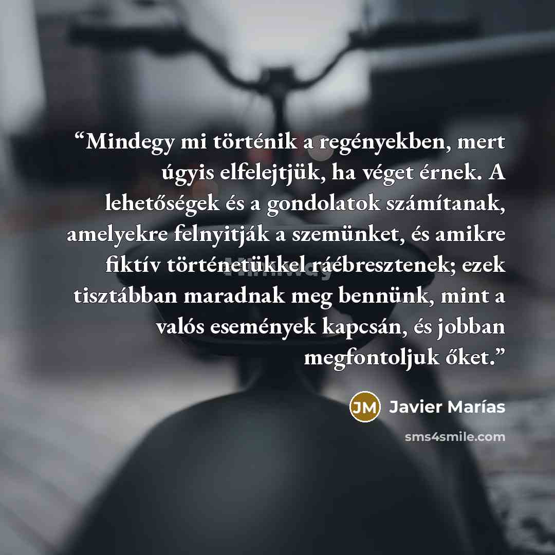 “Mindegy mi történik a regényekben, mert úgyis elfelejtjük, ha véget érnek. A lehetőségek és a gondolatok számítanak, amelyekre felnyitják a szemünket, és amikre fiktív történetükkel ráébresztenek; ezek tisztábban maradnak meg bennünk, mint a valós események kapcsán, és jobban megfontoljuk őket.” quote by Javier Marías