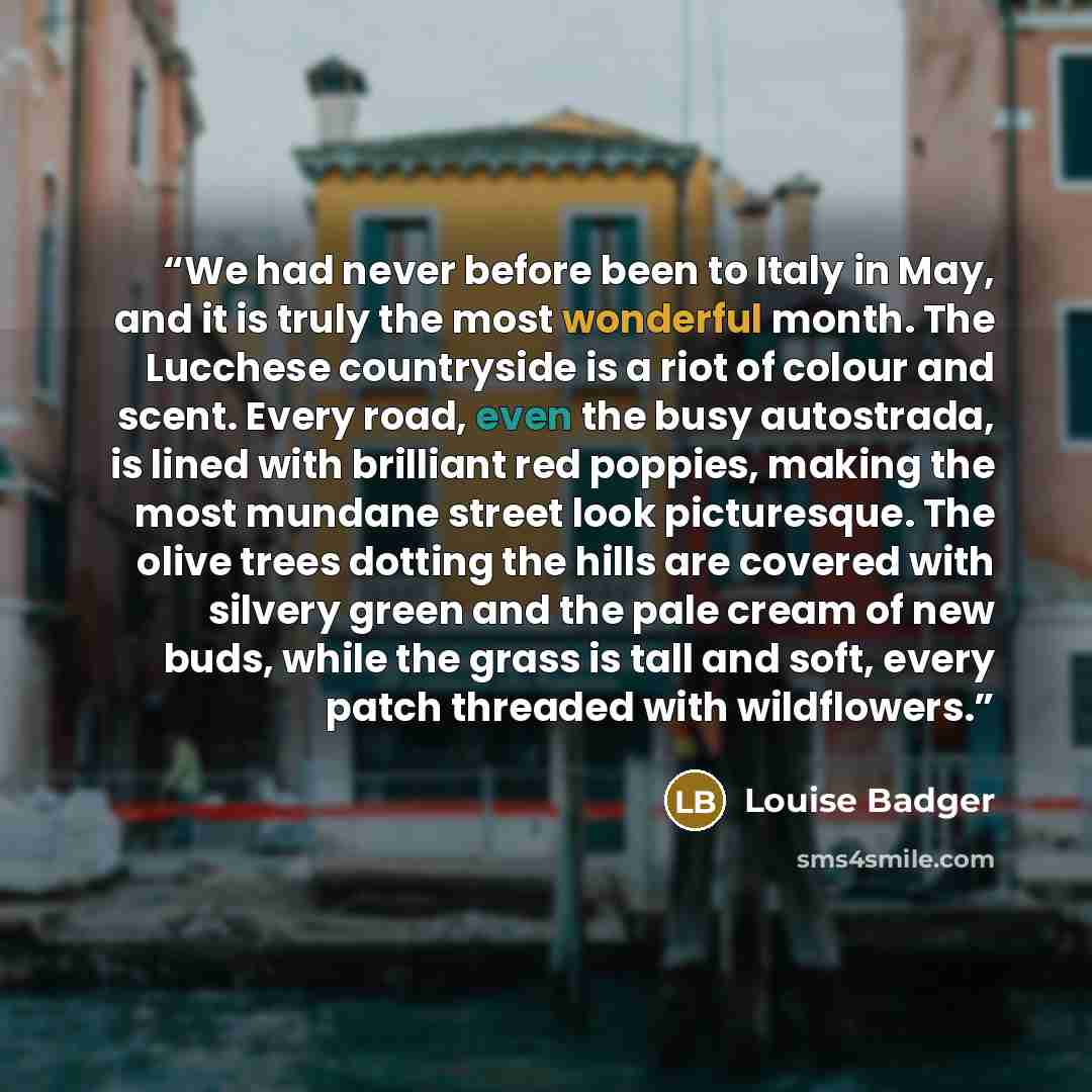 “We had never before been to Italy in May, and it is truly the most wonderful month. The Lucchese countryside is a riot of colour and scent. Every road, even the busy autostrada, is lined with brilliant red poppies, making the most mundane street look picturesque. The olive trees dotting the hills…” quote by Louise Badger