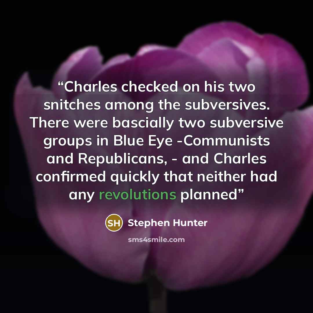 “Charles checked on his two snitches among the subversives. There were bascially two subversive groups in Blue Eye -Communists and Republicans, - and Charles confirmed quickly that neither had any revolutions planned” quote by Stephen Hunter