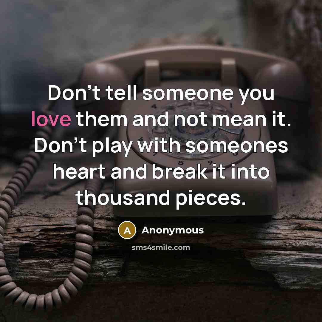 “Don't tell someone you love them and not mean it. Don't play with someones heart and break it into thousand pieces.” quote by Anonymous