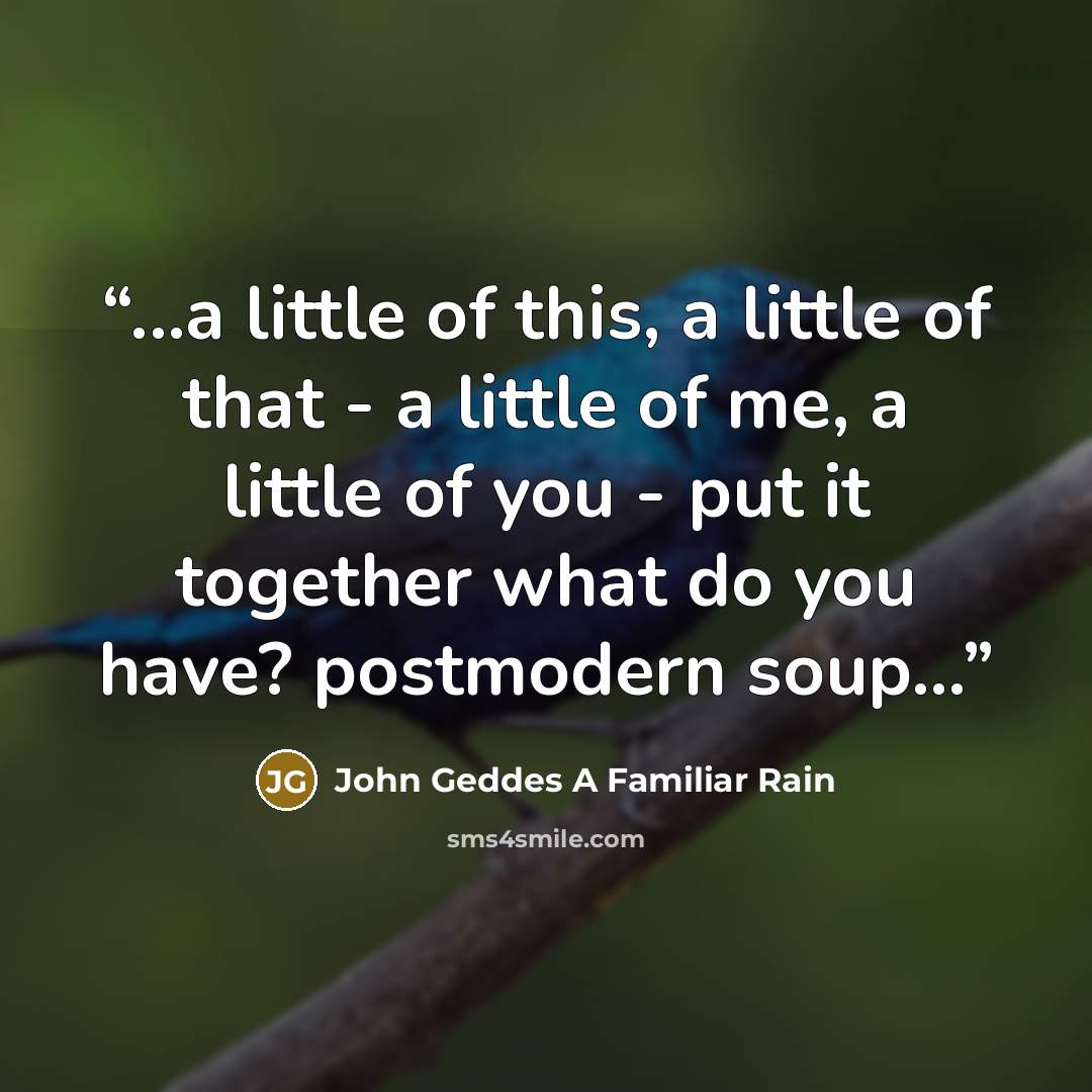 “...a little of this, a little of that - a little of me, a little of you - put it together what do you have? postmodern soup...” quote by John Geddes A Familiar Rain