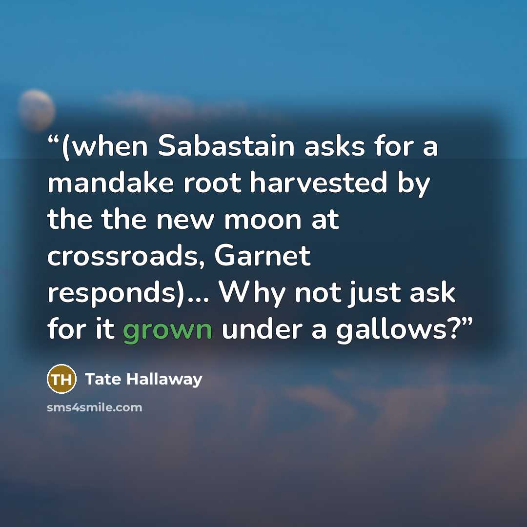 “(when Sabastain asks for a mandake root harvested by the the new moon at crossroads, Garnet responds)… Why not just ask for it grown under a gallows?” quote by Tate Hallaway