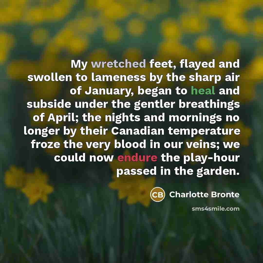 “My wretched feet, flayed and swollen to lameness by the…” quote by Charlotte Bronte