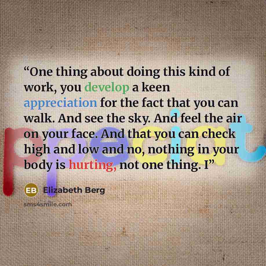“One thing about doing this kind of work, you develop a keen appreciation for the fact that you can walk. And see the sky. And feel the air on your face. And that you can check high and low and no, nothing in your body is hurting, not one thing. I” quote by Elizabeth Berg