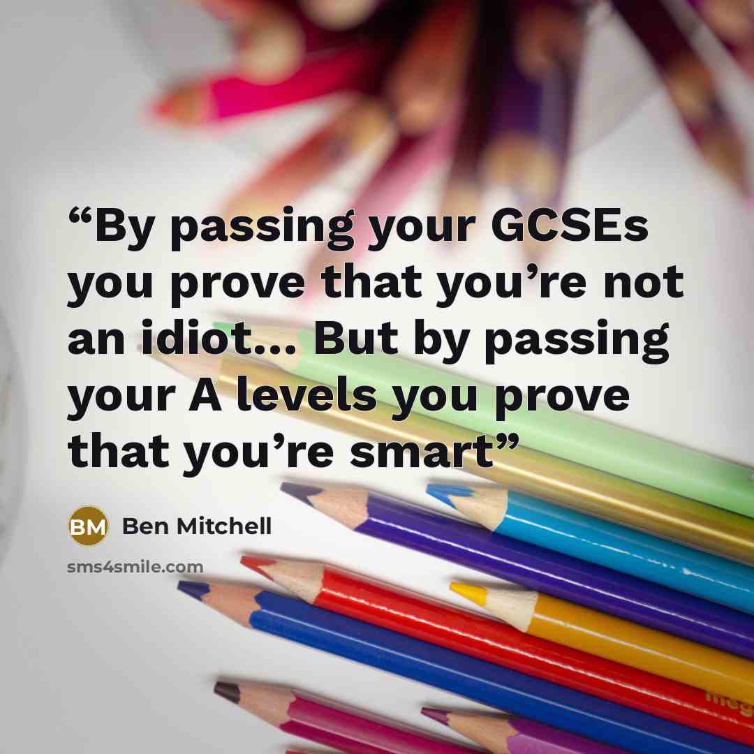 “By passing your GCSEs you prove that you’re not an idiot… But by passing your A levels you prove that you’re smart” quote by Ben Mitchell