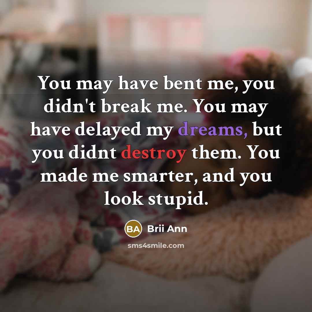 “You may have bent me, you didn't break me. You may have delayed my dreams, but you didnt destroy them. You made me smarter, and you look stupid.” quote by Brii Ann