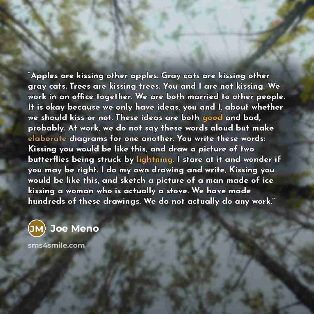 “Apples are kissing other apples. Gray cats are kissing other gray cats. Trees are kissing trees. You and I are not kissing. We work in an office together. We are both married to other people. It is okay because we only have ideas, you and I, about whether we should kiss or not. These ideas are…” quote by Joe Meno