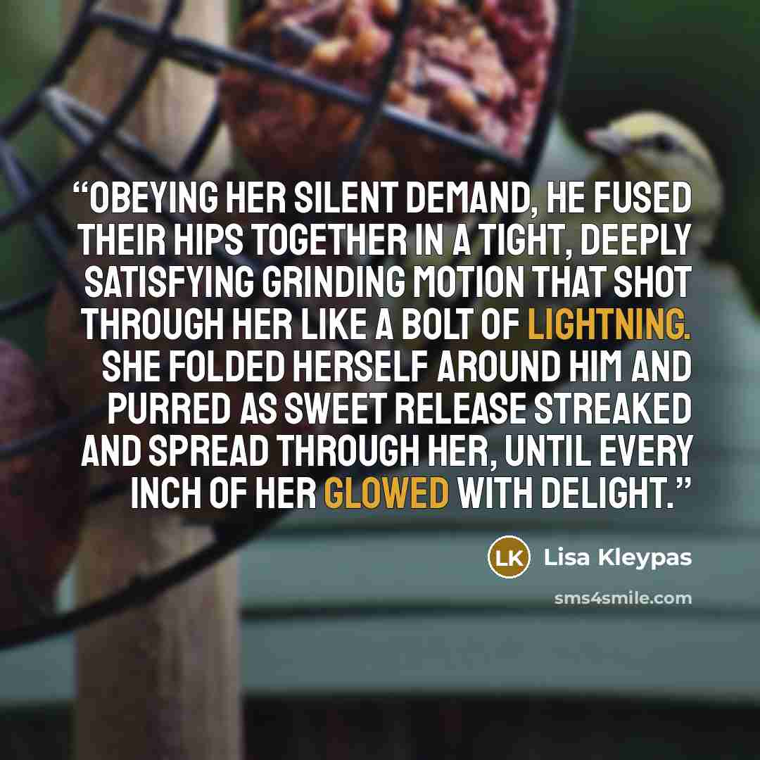 “Obeying her silent demand, he fused their hips together in a tight, deeply satisfying grinding motion that shot through her like a bolt of lightning. She folded herself around him and purred as sweet release streaked and spread through her, until every inch of her glowed with delight.” quote by Lisa Kleypas