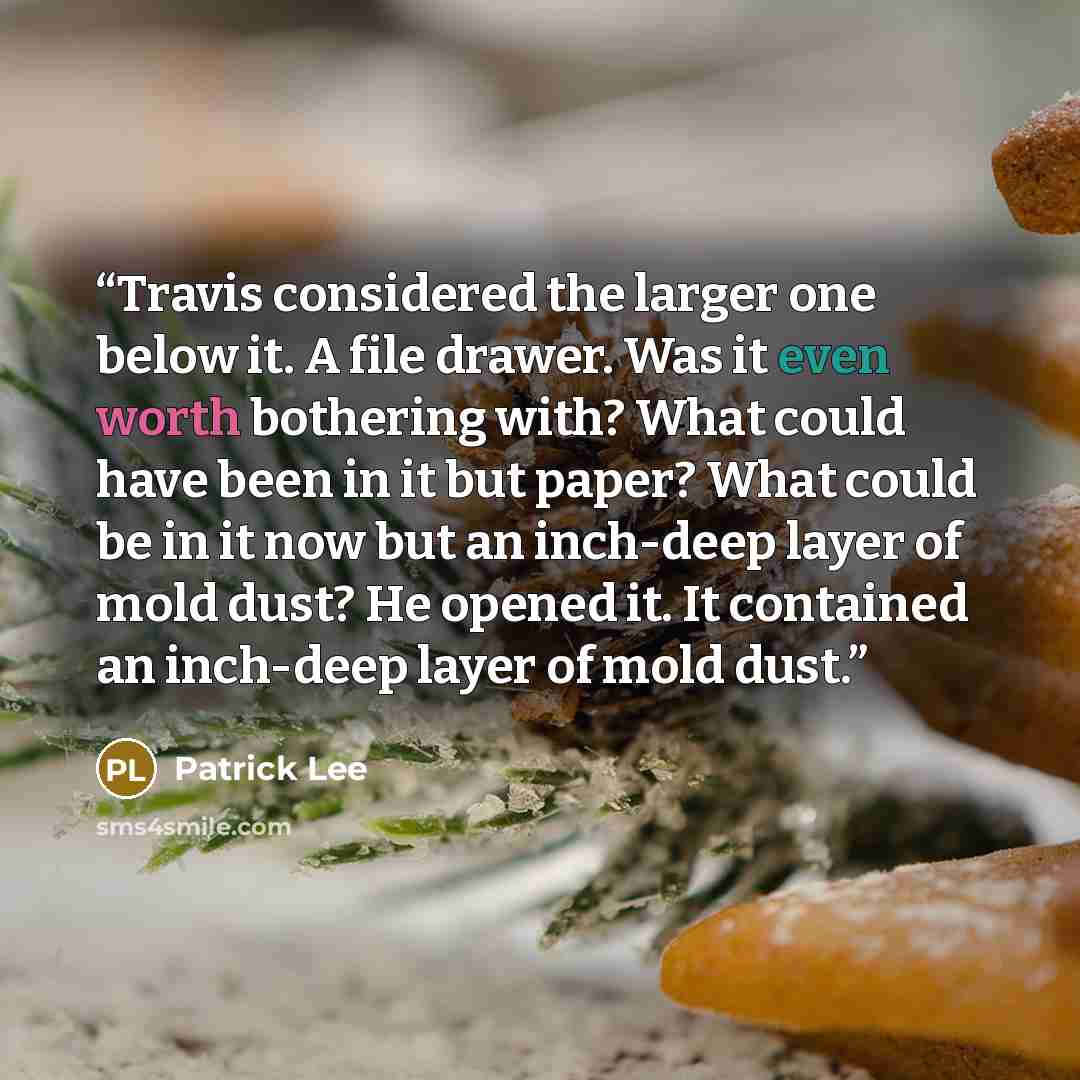 “Travis considered the larger one below it. A file drawer. Was it even worth bothering with? What could have been in it but paper? What could be in it now but an inch-deep layer of mold dust? He opened it. It contained an inch-deep layer of mold dust.” quote by Patrick Lee