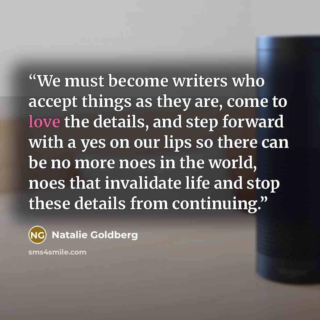 “We must become writers who accept things as they are, come to love the details, and step forward with a yes on our lips so there can be no more noes in the world, noes that invalidate life and stop these details from continuing.” quote by Natalie Goldberg