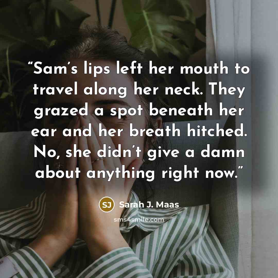 “Sam’s lips left her mouth to travel along her neck. They grazed a spot beneath her ear and her breath hitched. No, she didn’t give a damn about anything right now.” quote by Sarah J. Maas