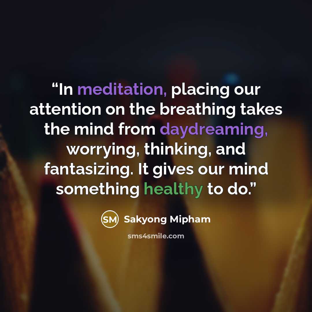 “In meditation, placing our attention on the breathing takes the mind from daydreaming, worrying, thinking, and fantasizing. It gives our mind something healthy to do.” quote by Sakyong Mipham