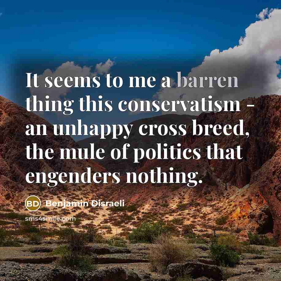 “It seems to me a barren thing this conservatism - an unhappy cross breed, the mule of politics that engenders nothing.” quote by Benjamin Disraeli