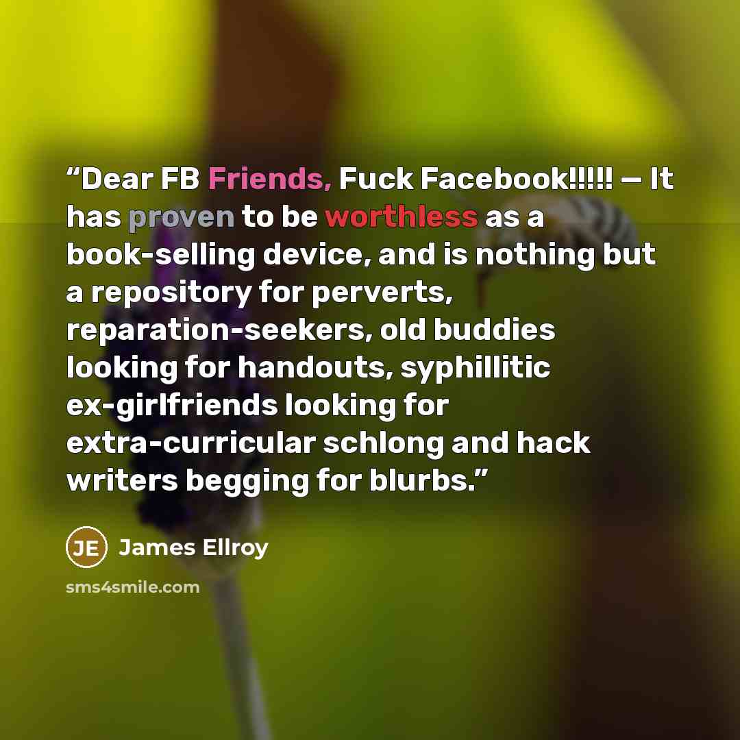 “Dear FB Friends, Fuck Facebook!!!!! — It has proven to be worthless as a book-selling device, and is nothing but a repository for perverts, reparation-seekers, old buddies looking for handouts, syphillitic ex-girlfriends looking for extra-curricular schlong and hack writers begging for blurbs.” quote by James Ellroy