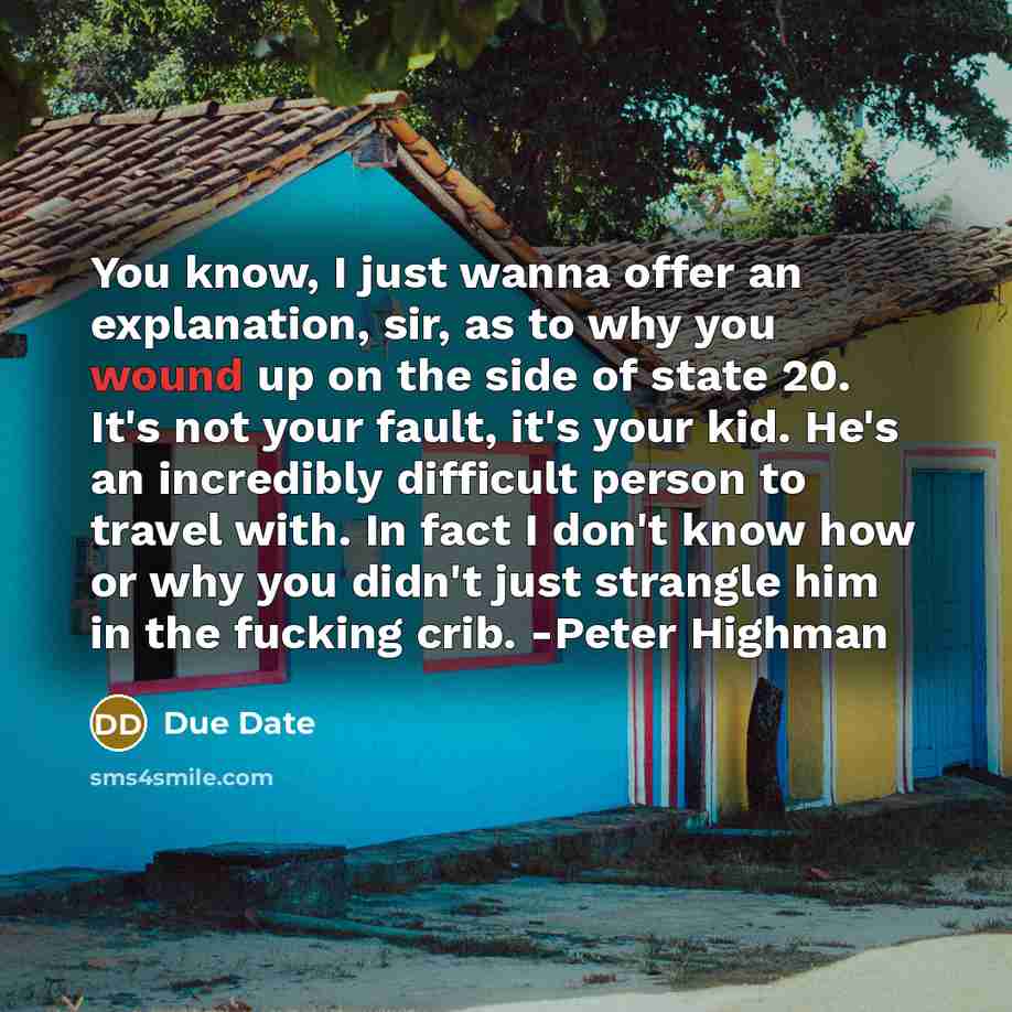 “You know, I just wanna offer an explanation, sir, as to why you wound up on the side of state 20. It's not your fault, it's your kid. He's an incredibly difficult person to travel with. In fact I don't know how or why you didn't just strangle him in the fucking crib. -Peter Highman” quote by Due Date