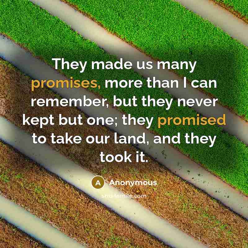 “They made us many promises, more than I can remember, but they never kept but one; they promised to take our land, and they took it.” quote by Anonymous