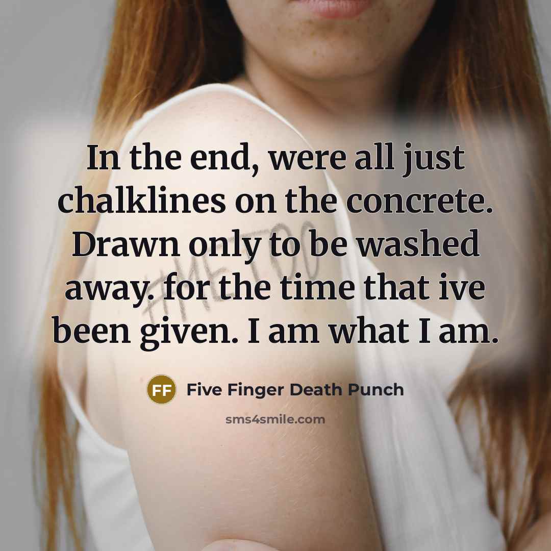 “In the end, were all just chalklines on the concrete. Drawn only to be washed away. for the time that ive been given. I am what I am.” quote by Five Finger Death Punch