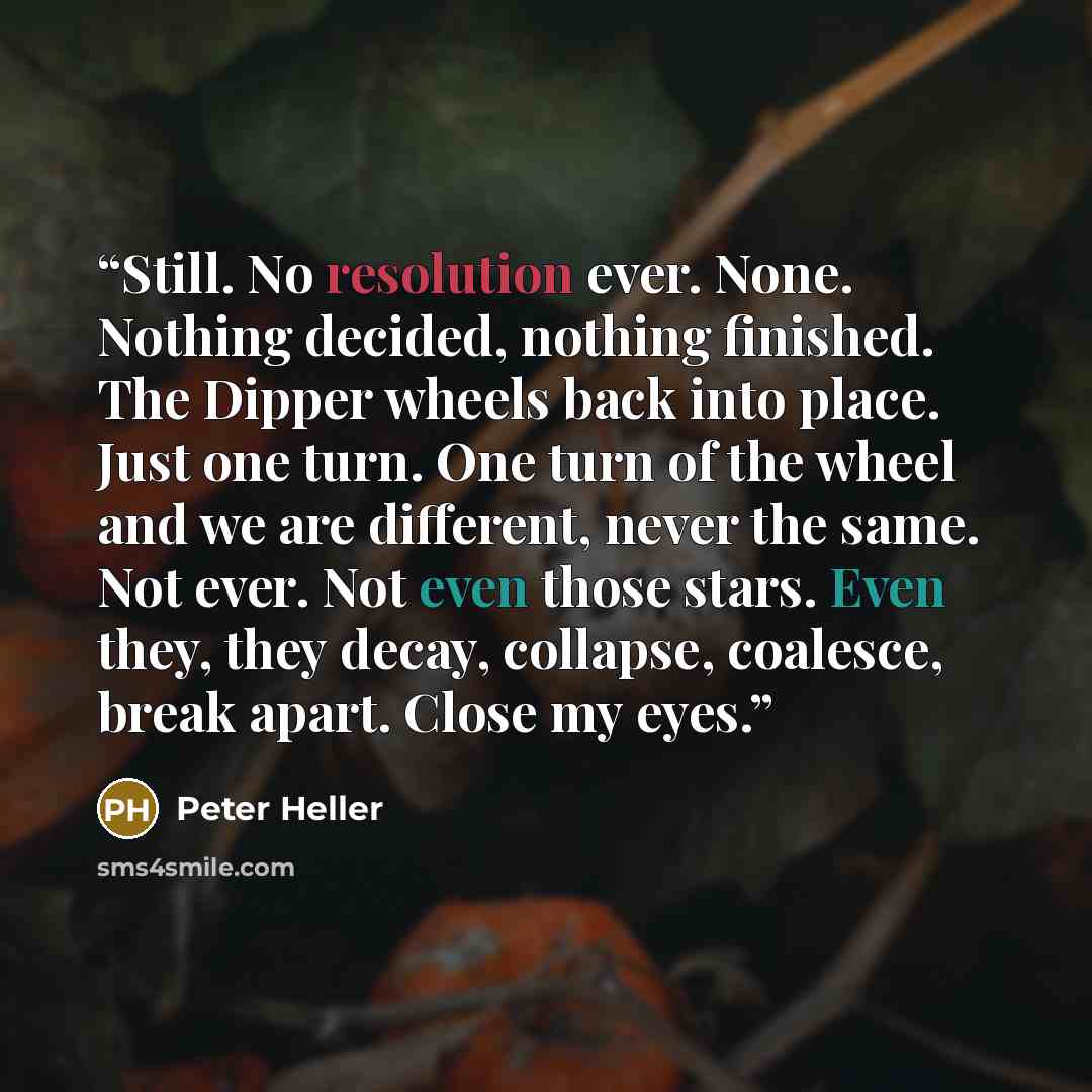“Still. No resolution ever. None. Nothing decided, nothing finished. The Dipper wheels back into place. Just one turn. One turn of the wheel and we are different, never the same. Not ever. Not even those stars. Even they, they decay, collapse, coalesce, break apart. Close my eyes.” quote by Peter Heller