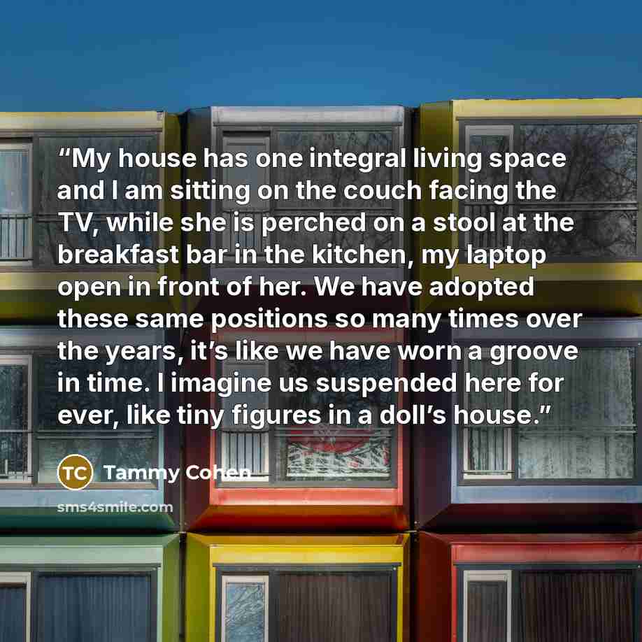 “My house has one integral living space and I am sitting on the couch facing the TV, while she is perched on a stool at the breakfast bar in the kitchen, my laptop open in front of her. We have adopted these same positions so many times over the years, it’s like we have worn a groove in time. I…” quote by Tammy Cohen
