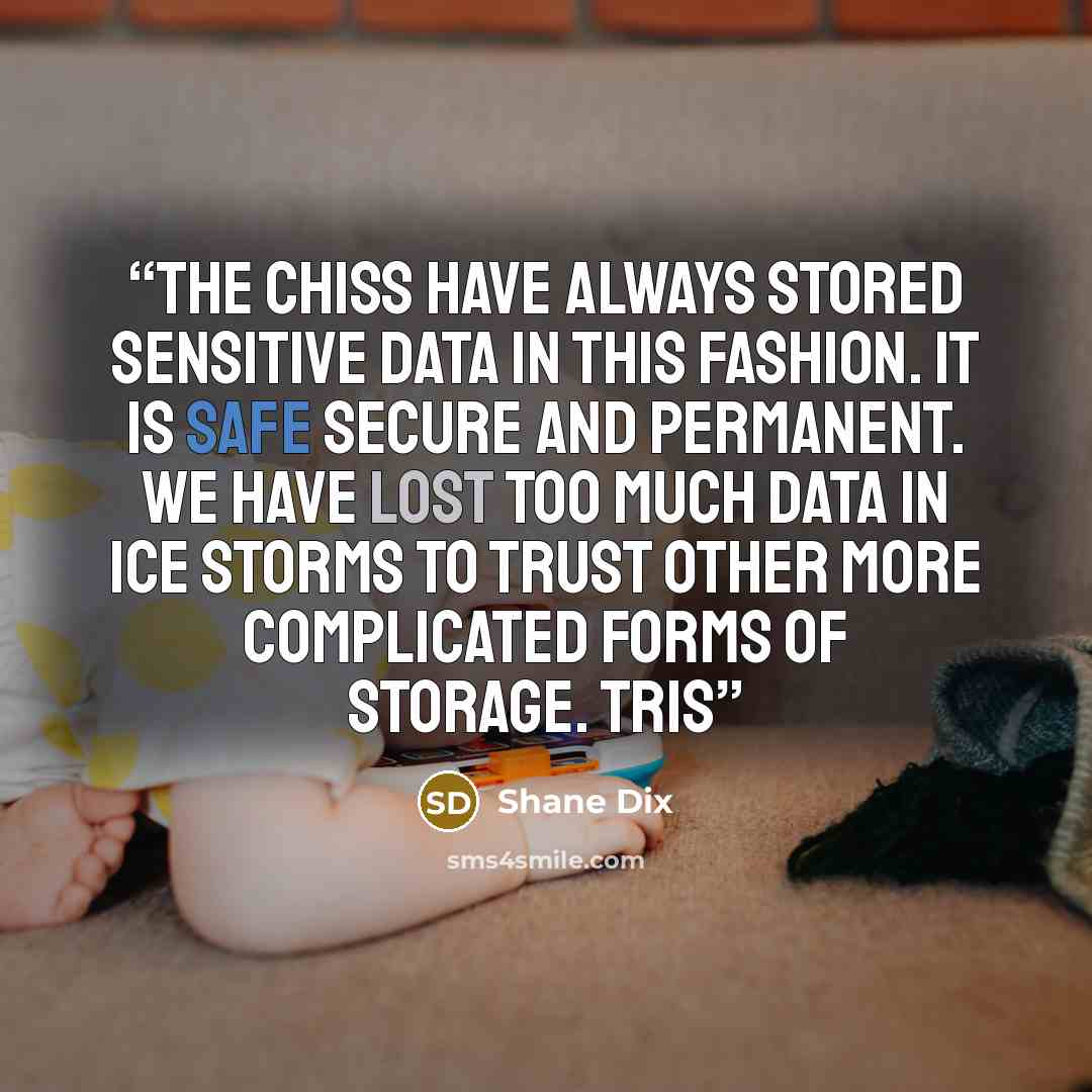 “The Chiss have always stored sensitive data in this fashion. It is safe secure and permanent. We have lost too much data in ice storms to trust other more complicated forms of storage. Tris” quote by Shane Dix
