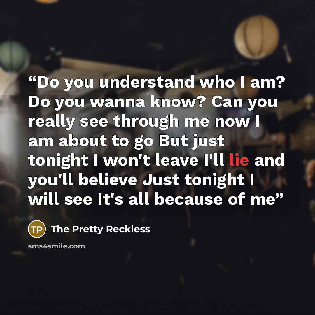 “Do you understand who I am? Do you wanna know? Can you really see through me now I am about to go But just tonight I won't leave I'll lie and you'll believe Just tonight I will see It's all because of me” quote by The Pretty Reckless