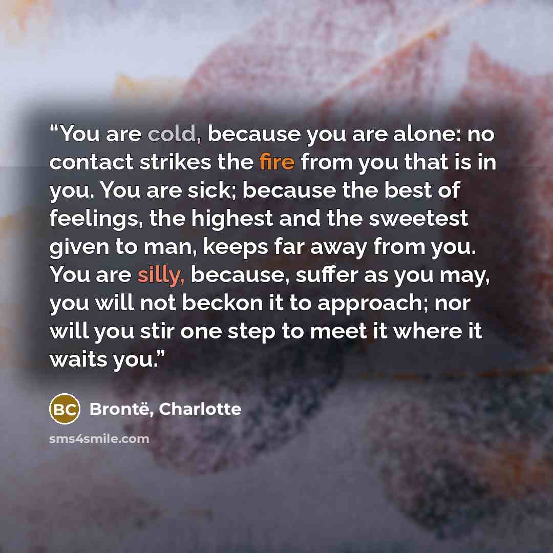 “You are cold, because you are alone: no contact strikes the fire from you that is in you. You are sick; because the best of feelings, the highest and the sweetest given to man, keeps far away from you. You are silly, because, suffer as you may, you will not beckon it to approach; nor will you stir…” quote by Brontë, Charlotte