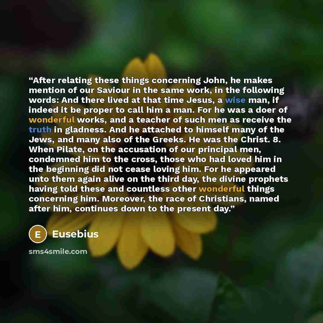 “After relating these things concerning John, he makes mention of our Saviour in the same work, in the following words: And there lived at that time Jesus, a wise man, if indeed it be proper to call him a man. For he was a doer of wonderful works, and a teacher of such men as receive the truth in…” quote by Eusebius