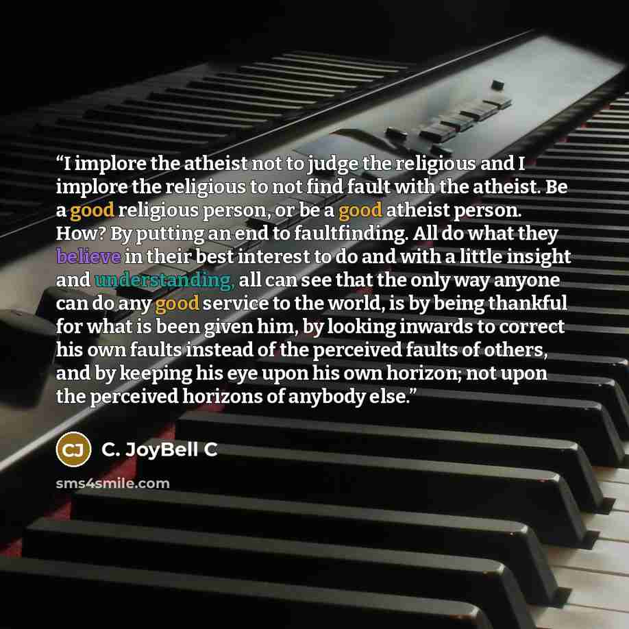 “I implore the atheist not to judge the religious and I implore the religious to not find fault with the atheist. Be a good religious person, or be a good atheist person. How? By putting an end to faultfinding. All do what they believe in their best interest to do and with a little insight and…” quote by C. JoyBell C