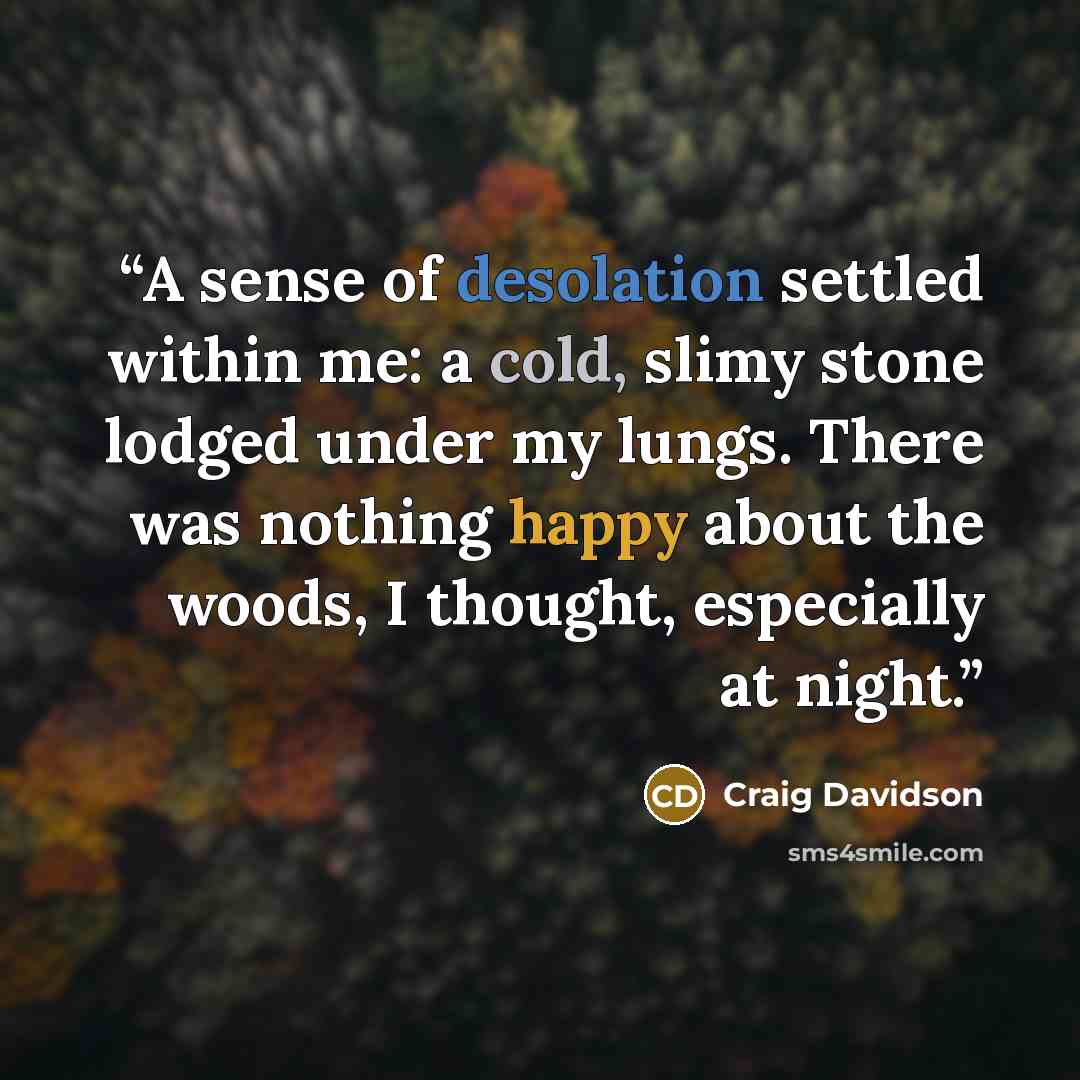 “A sense of desolation settled within me: a cold, slimy stone lodged under my lungs. There was nothing happy about the woods, I thought, especially at night.” quote by Craig Davidson